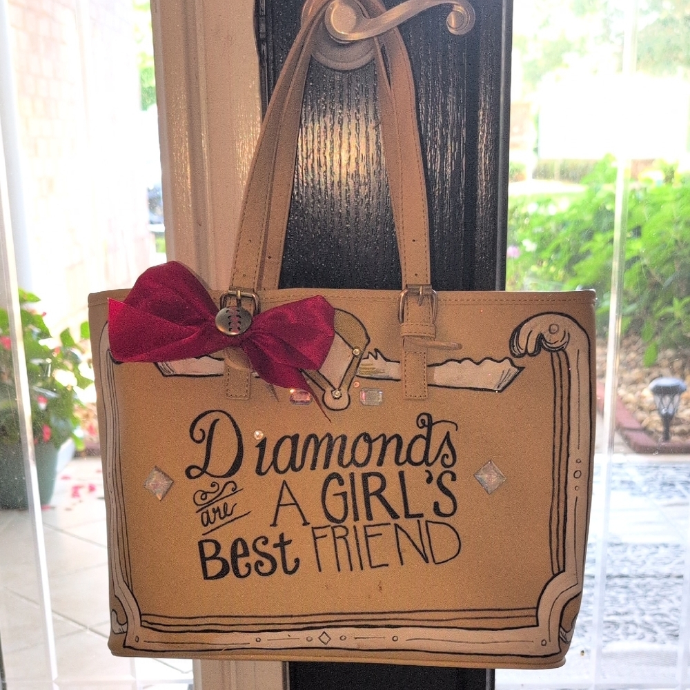 Hand Painted "Diamonds Are A Girls Best Friend" Custom Tote Bag with Red Bow